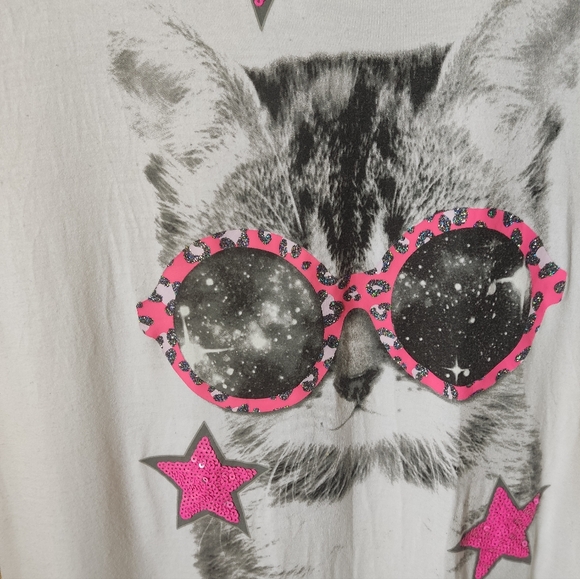 Justice White T-Shirt with Cat in Pink Glasses Size 14 - Picture 2 of 7